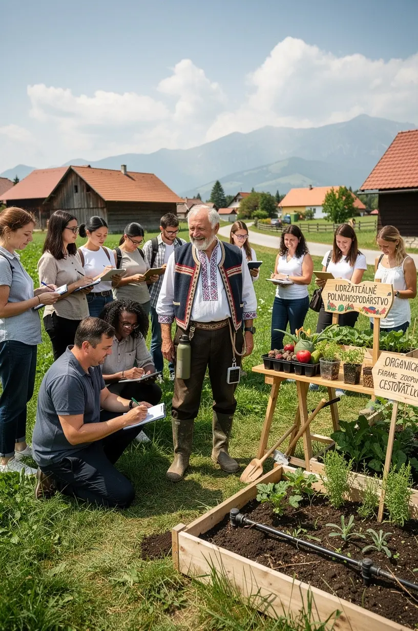 Detailný záber na ruky sprievodcu ukazujúceho miestnu flóru počas vzdelávacej prehliadky pre turistov.